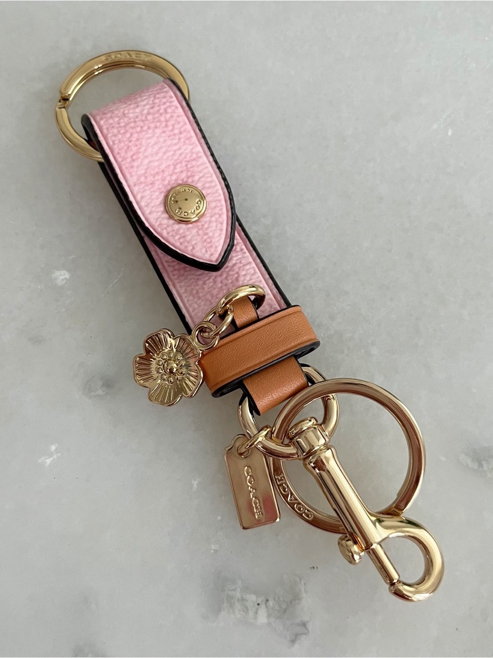 Coach Powder Pink & Tan Leather Key Holder with Gold Floral Charm Brand New